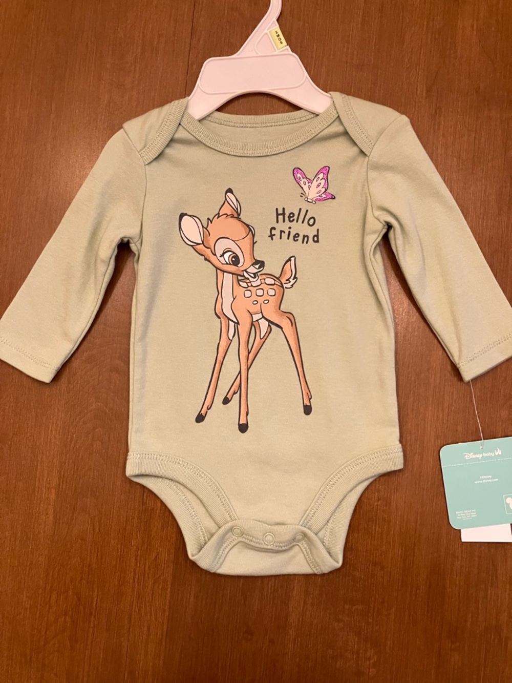 Disney Bambi Graphic Long-Sleeve Bodysuit, Gender neutral Sage, ‘Hello Friend’